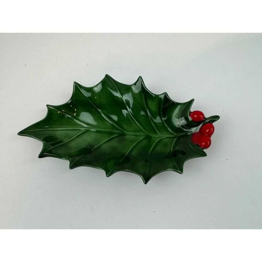 Vintage Holland Mold Ceramic Holly Leaf Dish Green Red Berries Christmas Decor